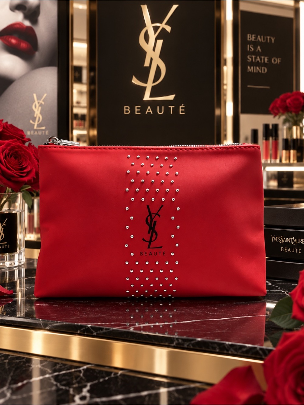 YSL Beauté Red Cosmetic Pouch Studded Zip Bag NEW